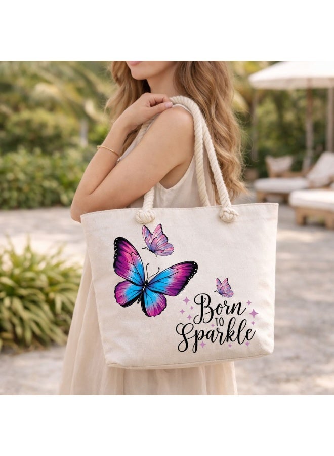We Print, Your Gift Butterfly Motivational Beach Tote Bag for Women - Heavy Cotton Fabric - Gold Zipper - Inner Pocket - Lined Interior - Shoulder Bag for Beach Travel Work - 47 x 37 cm - Image 2