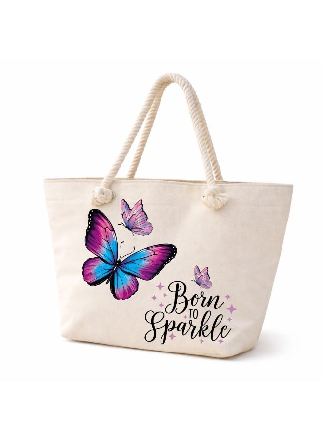 We Print, Your Gift Butterfly Motivational Beach Tote Bag for Women - Heavy Cotton Fabric - Gold Zipper - Inner Pocket - Lined Interior - Shoulder Bag for Beach Travel Work - 47 x 37 cm - Image 1