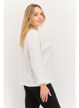 ESPRIT Women Round Neck 3/4 Sleeve Solid Top, White  - Image 2