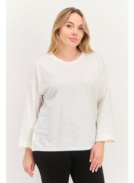 ESPRIT Women Round Neck 3/4 Sleeve Solid Top, White  - Image 1