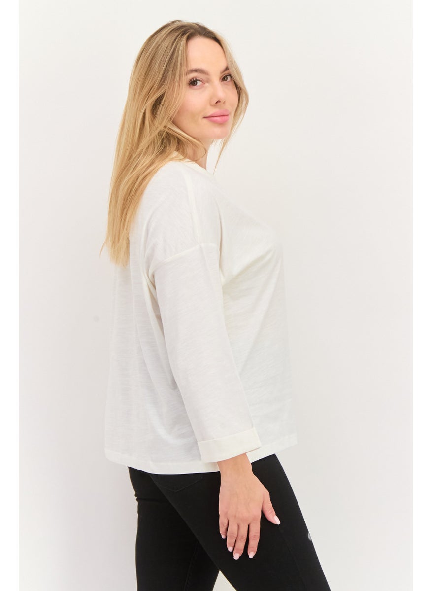 ESPRIT Women Round Neck 3/4 Sleeve Solid Top, White  - Image 2