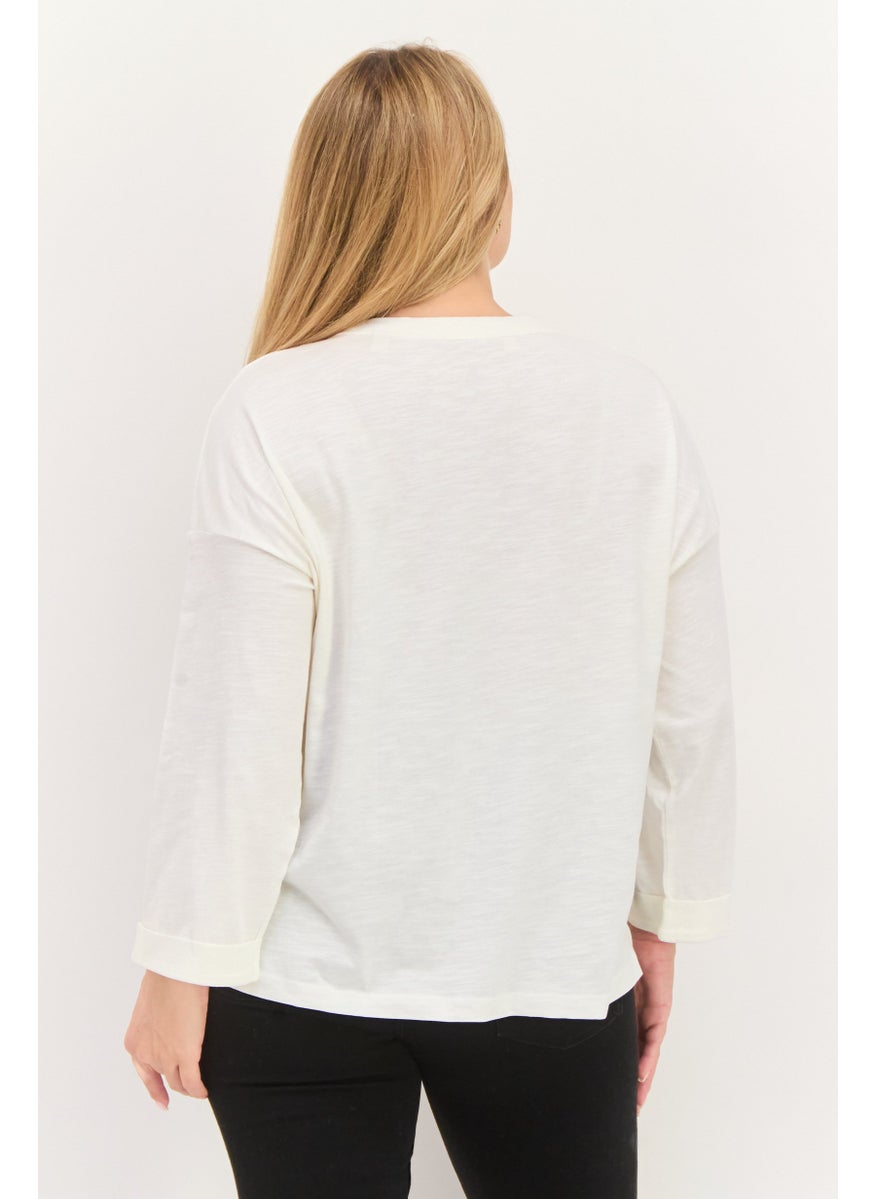 ESPRIT Women Round Neck 3/4 Sleeve Solid Top, White  - Image 3