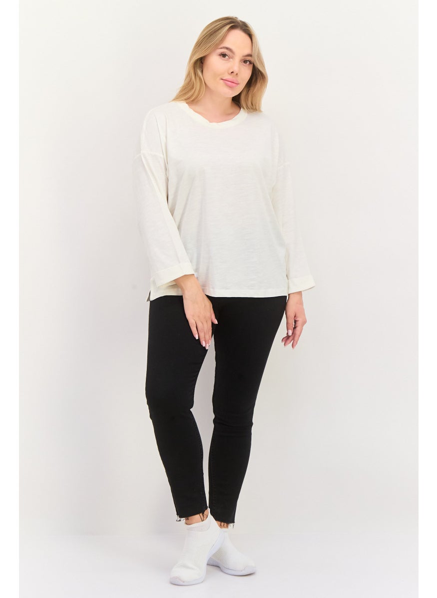 ESPRIT Women Round Neck 3/4 Sleeve Solid Top, White  - Image 4