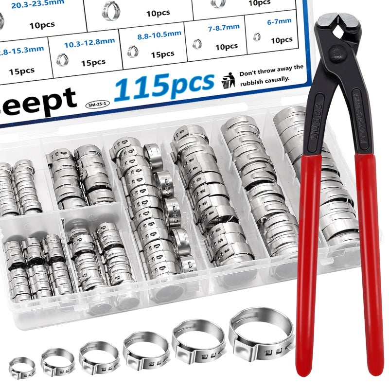 Seept 115Pcs 10Sizes 304 Stainless Steel Single Ear Hose Clamps with Ear clamp plier 6286mm Crimp Hose Clamps Assortment Kit for AutoHome AppliancePipeFuel Line Stepless hose clamp with pincer
