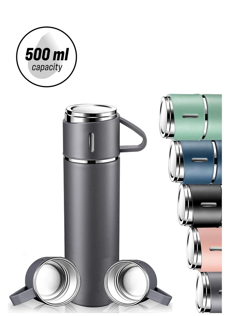 JAJEEK 500ml Stainless Steel Vacuum Thermos Flask with Silicone Handle – Insulated Water Bottle with 2 Stainless Steel Cups Set for Hot & Cold Outdoor Travel | Gift Box (2 PACK, GREY) – Ideal for Travel, Camping, Hiking, and Outdoor Adventures  - Image 1