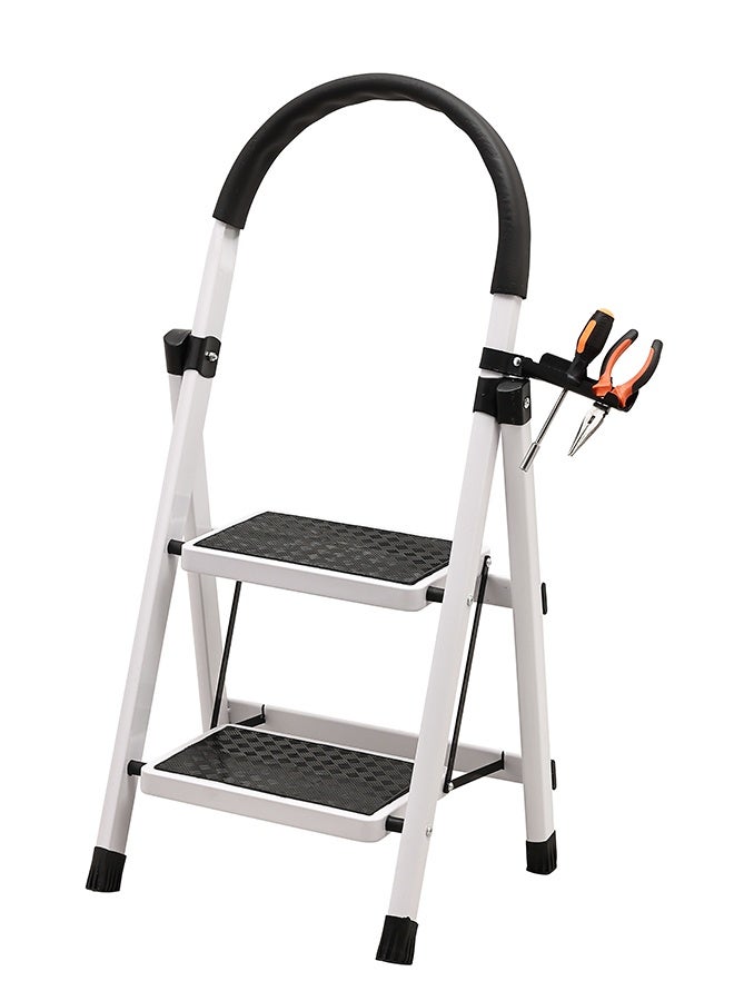 LAWAZIM Pro7 2-Step Folding Ladder With Tools Hanger - White - 120kg Load Capacity Step Stool with Convenient Handgrip, Tools Holder Rack, Anti-Slip Pedals - Multi-Use Ladder for Kitchen & Household - Image 1