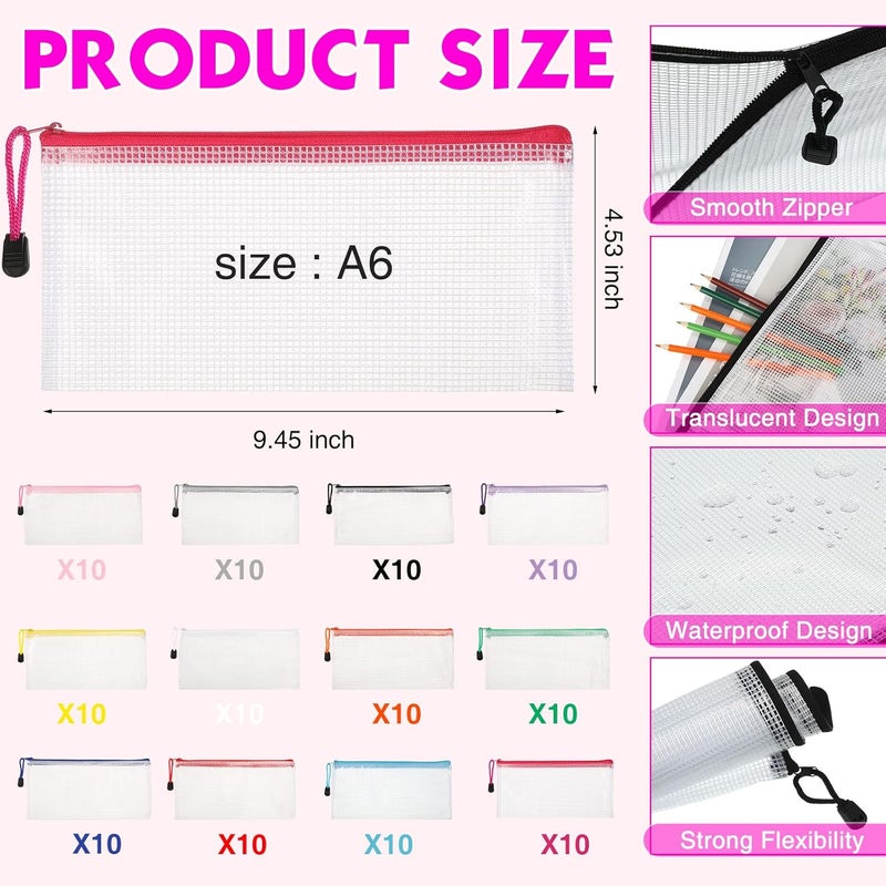 Sherr 120 Pcs Mesh Zipper Pouch Waterproof Mesh Bags A6 Mesh Bags with Zipper Waterproof PVC Document Pouch PVC Travel Zipper Pouches Multipurpose Document Bags for School Office, 12 Multicolor Zipper - Image 2