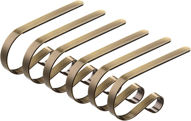 Festanlee 6 Pcs Christmas Stocking Holders Metal Mantel Stocking Hangers Adjustable Hanging Grip Stockings Clip Set (6, Antique Brass) - Image 1