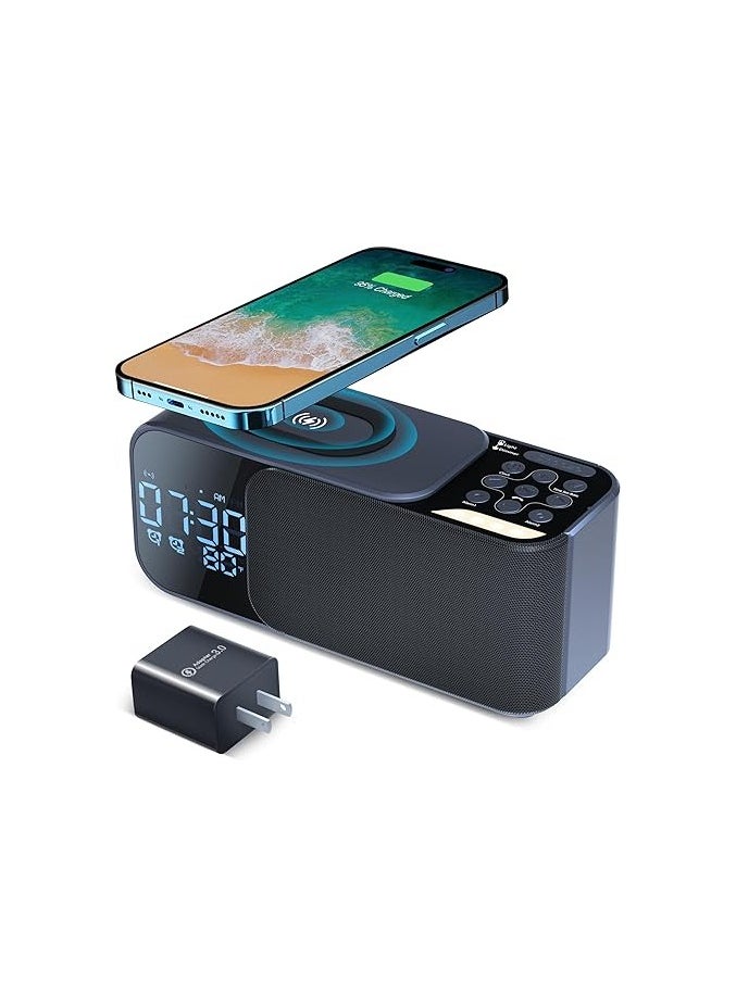 General - Newest Alarm Clock Radio with Wireless Charging Bluetooth Speaker,Digital Alarm Clock with Adjustable LED Night Light,Dual Alarm,Alarm Clock for Bedroom,Home,Adaptor - Image 1