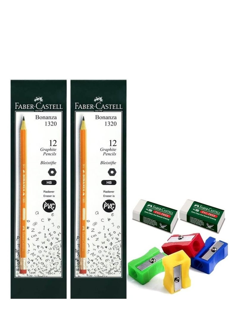 FABER-CASTELL - Faber-Castell Writing Combo Pack, Bonanza Graphite Pencil HB 2box(24pcs) + PVC Free Eraser 2pcs + plastic Sharpener 4pcs, this set is perfect for home and school use - Image 1