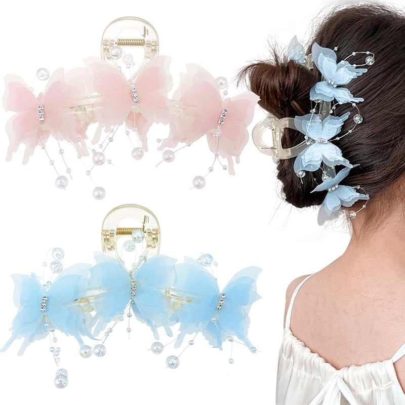 2PCS Butterfly Hair Claw Clips for Thick Hair Non Slip Pearl Jewel Design Large Cute Elegant Hair Clip for Women Girls