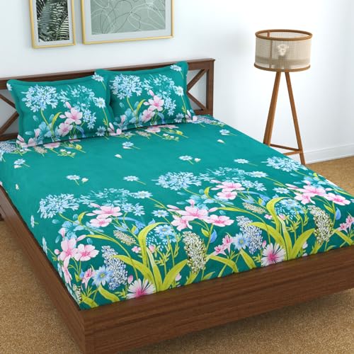 KAWI Cotton Blend 200 TC Elastic Fitted Bedsheet For King Size Double Bed (72"X 78")-Green Color - Image 1