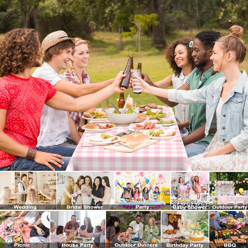 QISOLIY 3 Pcs Pink Gingham Tablecloth Disposable Plastic Checkered Table Cloths For Parties Disposable, Waterproof Rectangular Pink & White Table Cover For Camping, Birthday, Party, Picnic 54    108 Inch - Image 4