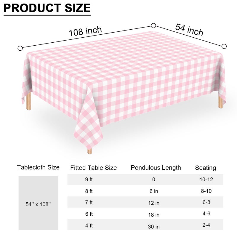 QISOLIY 3 Pcs Pink Gingham Tablecloth Disposable Plastic Checkered Table Cloths For Parties Disposable, Waterproof Rectangular Pink & White Table Cover For Camping, Birthday, Party, Picnic 54    108 Inch - Image 2