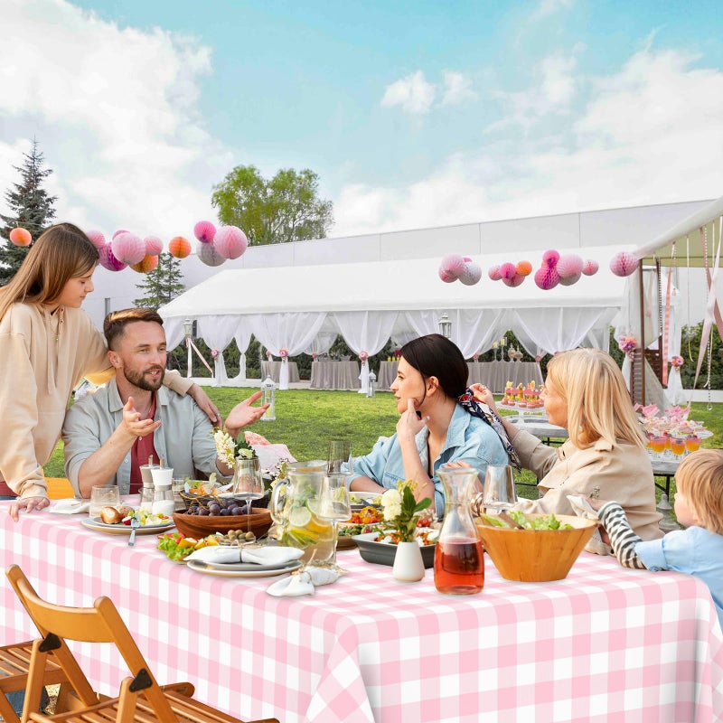QISOLIY 3 Pcs Pink Gingham Tablecloth Disposable Plastic Checkered Table Cloths For Parties Disposable, Waterproof Rectangular Pink & White Table Cover For Camping, Birthday, Party, Picnic 54    108 Inch - Image 5