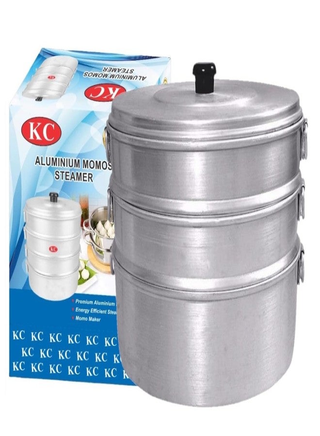 KC Aluminium Momos Steamer 3 Tier Capacity 3 Liters Diameter 8 Inches Silver - Image 1