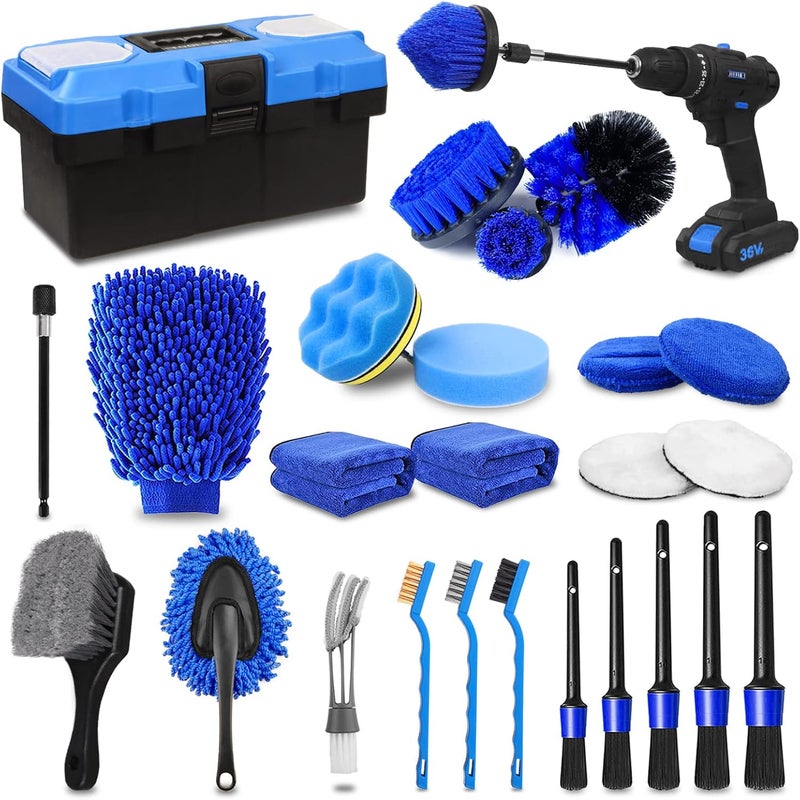 TTRCB 27Pcs Car Detailing Kit, Car Detailing Brush Set, Auto Detailing Drill Brush Set, Car Detailing Brushes, Car Wash Kit, Car Accessories, Car Cleaning Tools Kit for Interior, Exterior, Blue, 27PCS-Blue - Image 1