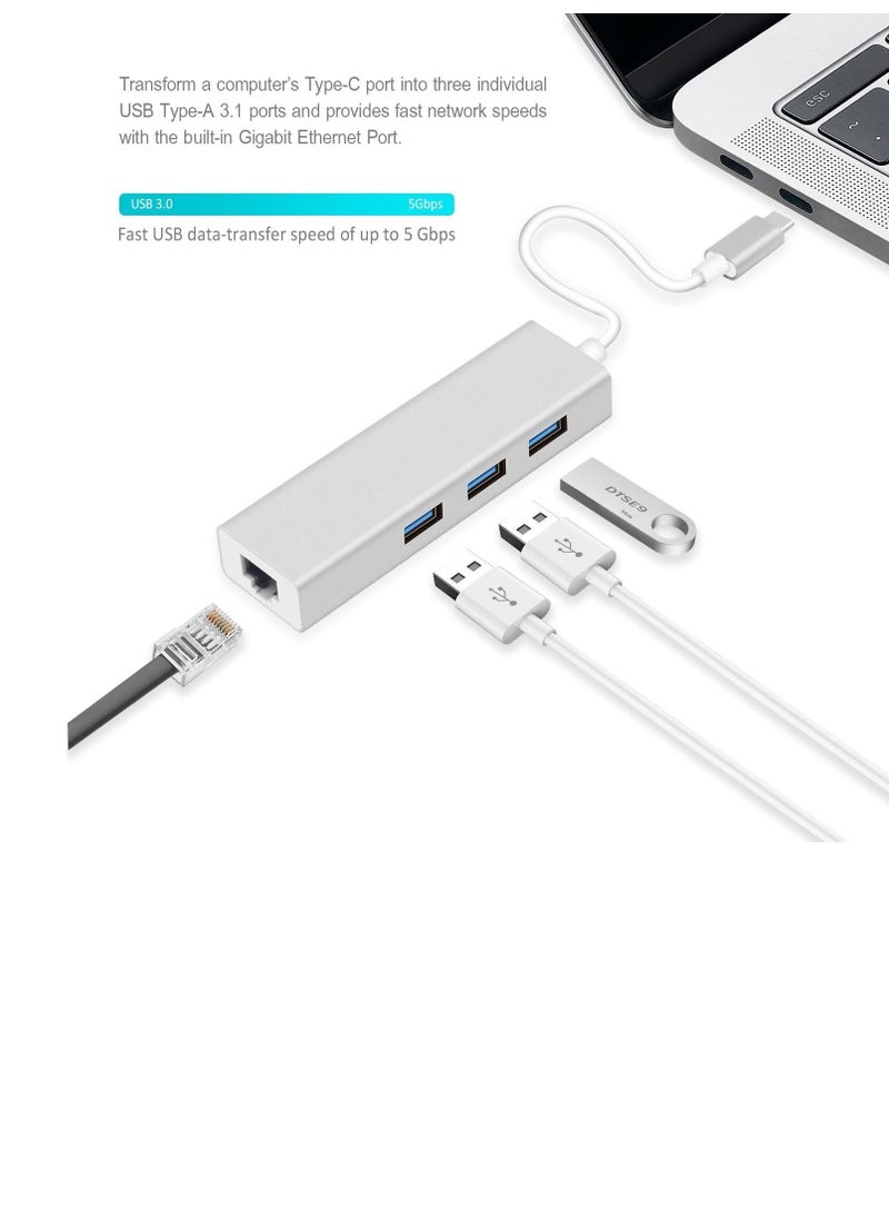 ماركة غير محددة محول RTS USB-C إلى 3 منافذ USB + شبكة إيثرنت RJ45 - أداء عالي - فضي  - Image 5
