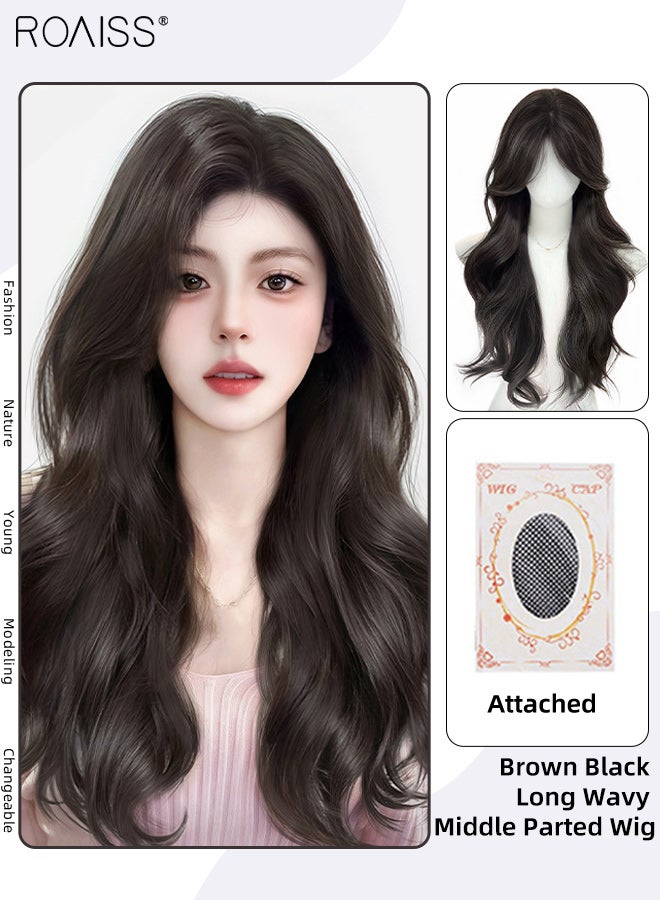 roaiss Long Wavy Wig with Middle-parted Bangs for Women, Seamless Invisibility Natural Soft Synthetic Heat Resistant Hair Wig for Wedding Cosplay Party Daily Use, Brown Black, 60cm (23.62 inches) - Image 1