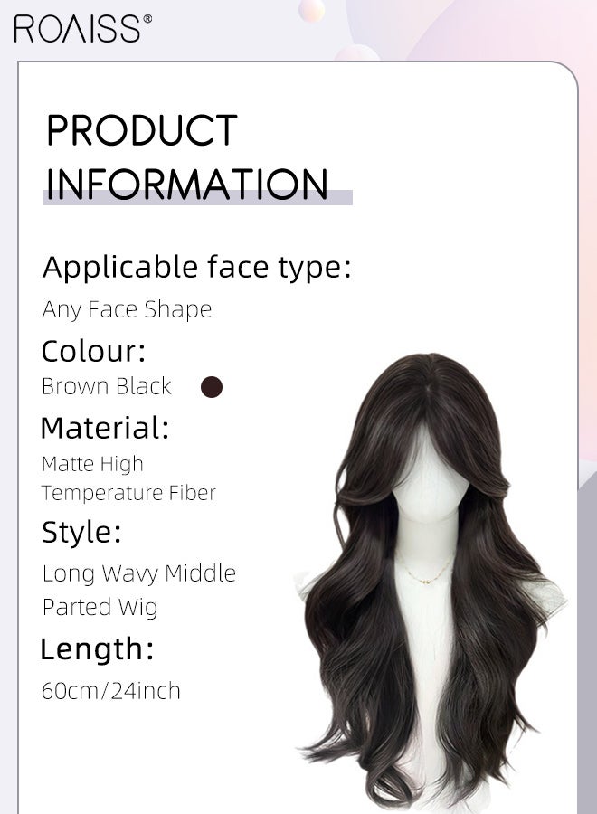 roaiss Long Wavy Wig with Middle-parted Bangs for Women, Seamless Invisibility Natural Soft Synthetic Heat Resistant Hair Wig for Wedding Cosplay Party Daily Use, Brown Black, 60cm (23.62 inches) - Image 2