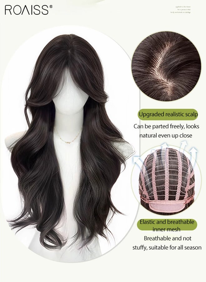 roaiss Long Wavy Wig with Middle-parted Bangs for Women, Seamless Invisibility Natural Soft Synthetic Heat Resistant Hair Wig for Wedding Cosplay Party Daily Use, Brown Black, 60cm (23.62 inches) - Image 5