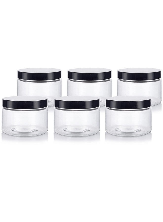 JUVITUS 12 Oz Clear Pet Plastic Refillable Low Profile Jar With Black Smooth Lids (6 Pack) - Image 1