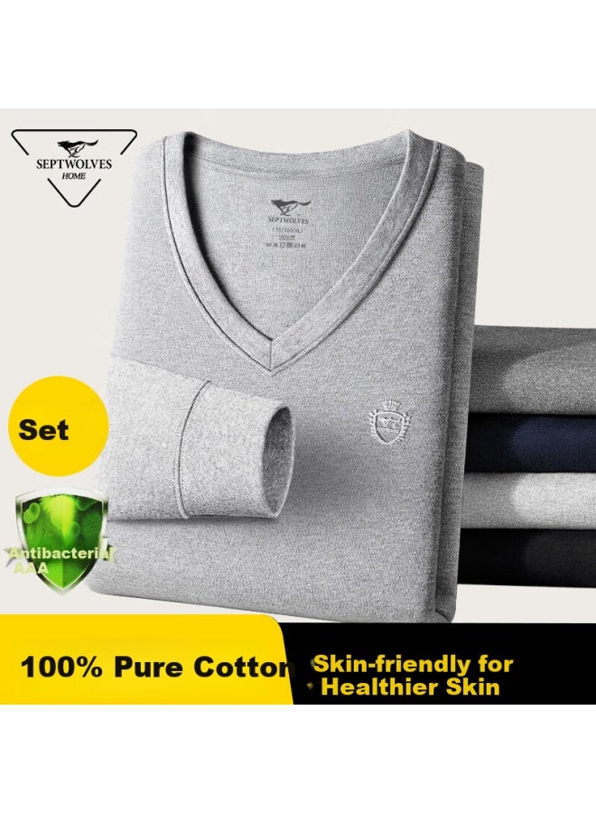 Septwolves men's Autumn Clothing Set Warm Underwear V-neck Cotton Sweater Line Pants - Image 1