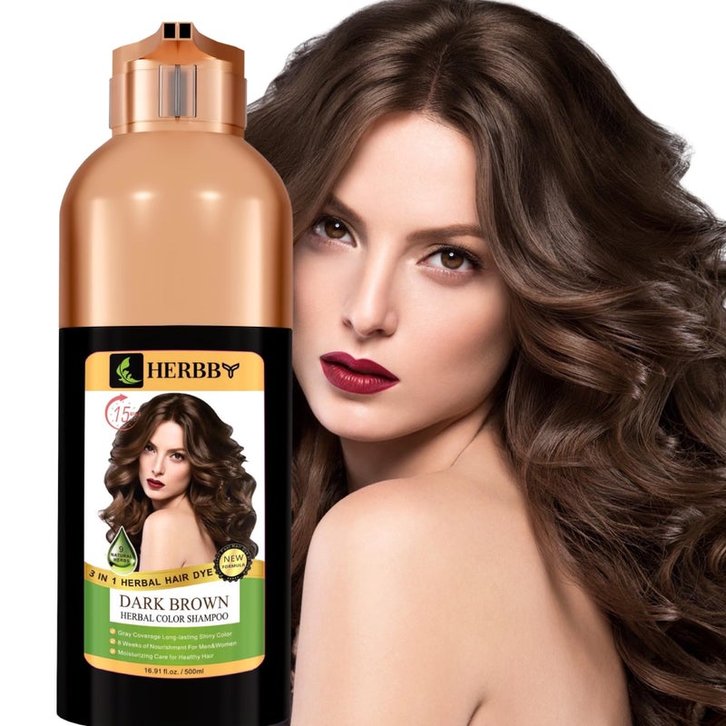 HERBBY Hair Color Shampoo for Gray Hair Coverage&Color Transform with 9 Herbal Extracts â€“Long Lasting(6-8 Weeks),Shiny,Evenly Colored,Instant Hair Dye Shampoo&Conditioner, 500 Ml (DARK BROWN COLOR) - Image 1