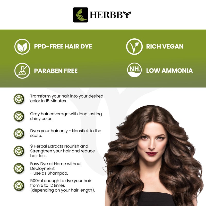 HERBBY Hair Color Shampoo for Gray Hair Coverage&Color Transform with 9 Herbal Extracts â€“Long Lasting(6-8 Weeks),Shiny,Evenly Colored,Instant Hair Dye Shampoo&Conditioner, 500 Ml (DARK BROWN COLOR) - Image 3