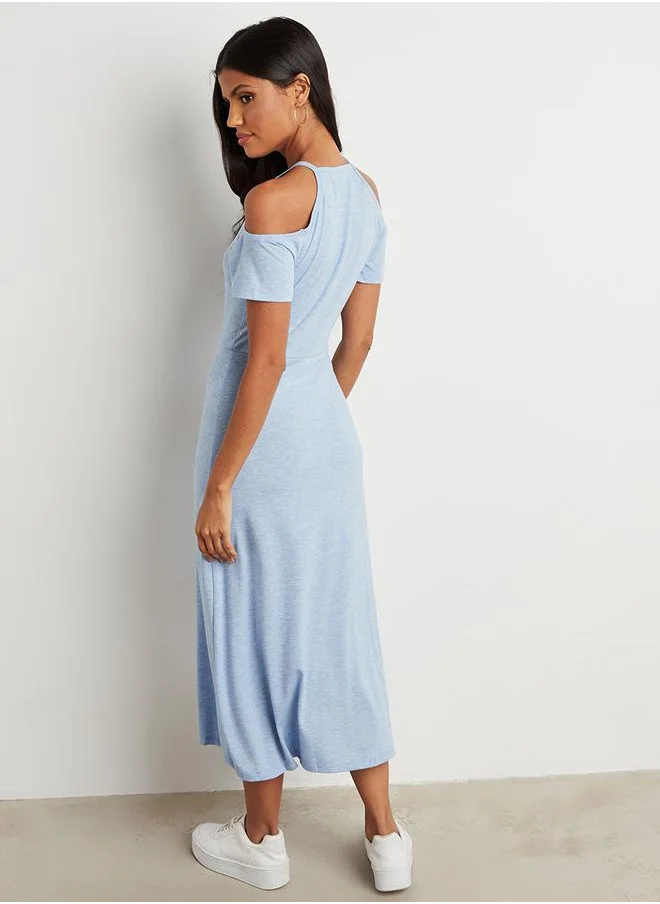 ستايلي Plain Cold Shoulder A-Line T-shirt Midi Dress