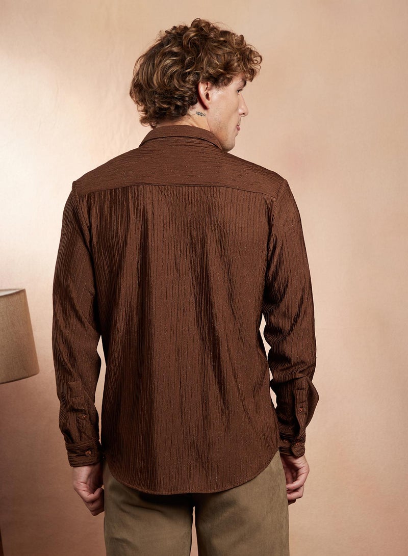Campus Sutra Campus Sutra Men's Mocha Brown Trough-Crease Shirt For Casual Wear | Spread Collar | Long Cuffed Sleeves | Button Closure | Shirt Crafted With Comfort Fit For Everyday Wear  - Image 5