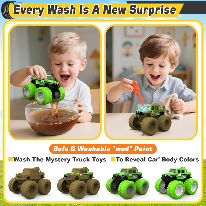 ShyLizard Monster Truck Toys for 3, 4, 5, 6, 7 Year Old Kids, Wash to Reveal Monster Trucks for Toddlers, 4 Pack Toy Trucks with Realistic Mud Paint, Ideal Birthday for Boys Grils 3-5 6-8 - Image 2