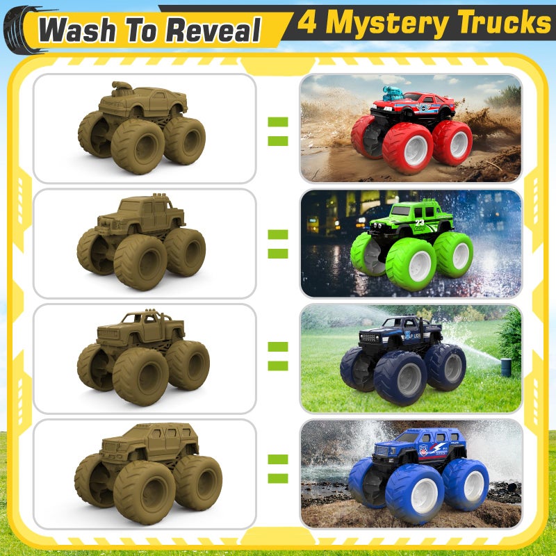 ShyLizard Monster Truck Toys for 3, 4, 5, 6, 7 Year Old Kids, Wash to Reveal Monster Trucks for Toddlers, 4 Pack Toy Trucks with Realistic Mud Paint, Ideal Birthday for Boys Grils 3-5 6-8 - Image 5