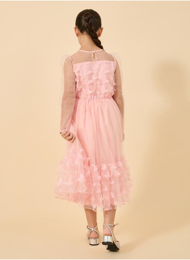 Styli Butterfly Appliques Mesh Insert Long Sleeve Dress  - Image 5