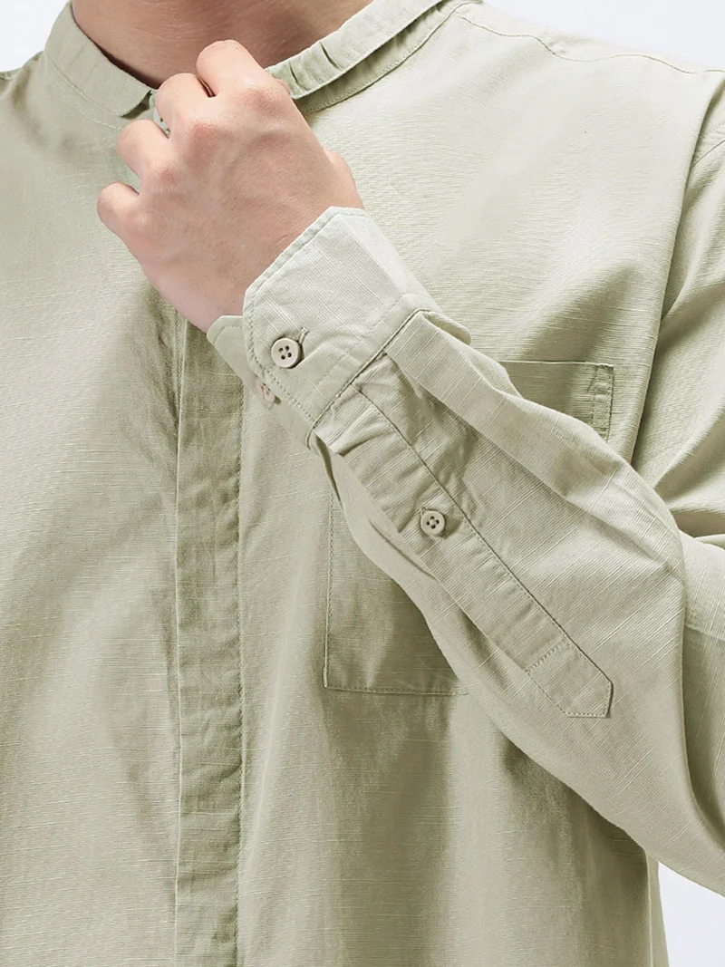 Urbano Fashion  Urbano Fashion Men's Light Olive Cotton Full Sleeve Regular Fit Casual Solid Shirt with Band Collar  | Best Price UAE