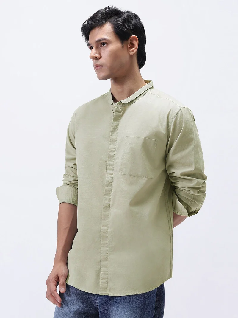 Urbano Fashion  Urbano Fashion Men's Light Olive Cotton Full Sleeve Regular Fit Casual Solid Shirt with Band Collar  | Best Price UAE