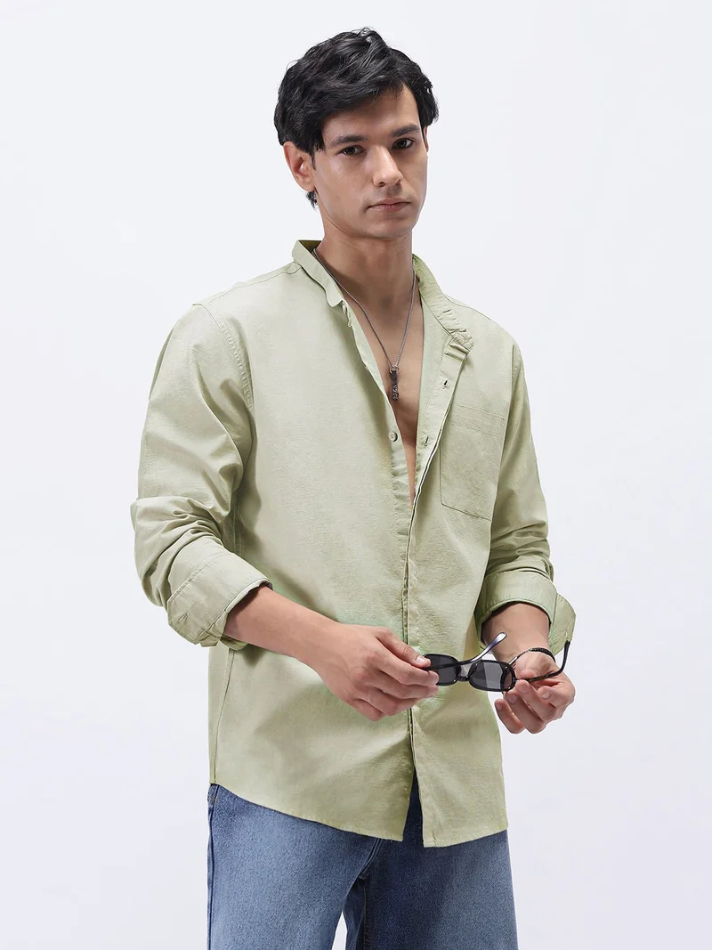 Urbano Fashion Men's Light Olive Cotton Full Sleeve Regular Fit Casual Solid Shirt with Band Collar