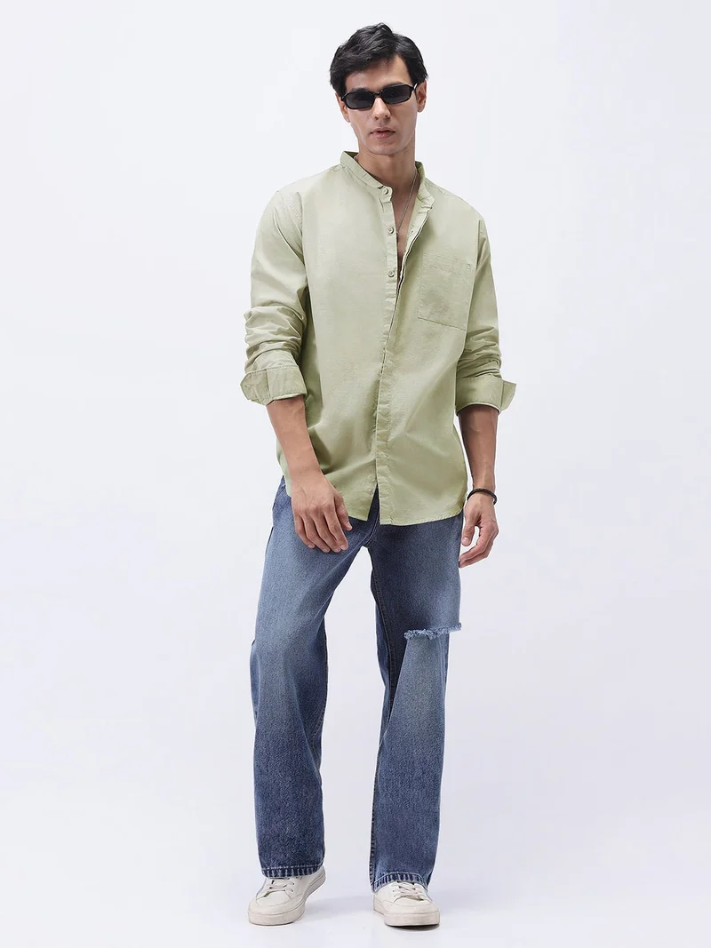 Urbano Fashion  Urbano Fashion Men's Light Olive Cotton Full Sleeve Regular Fit Casual Solid Shirt with Band Collar  | Best Price UAE