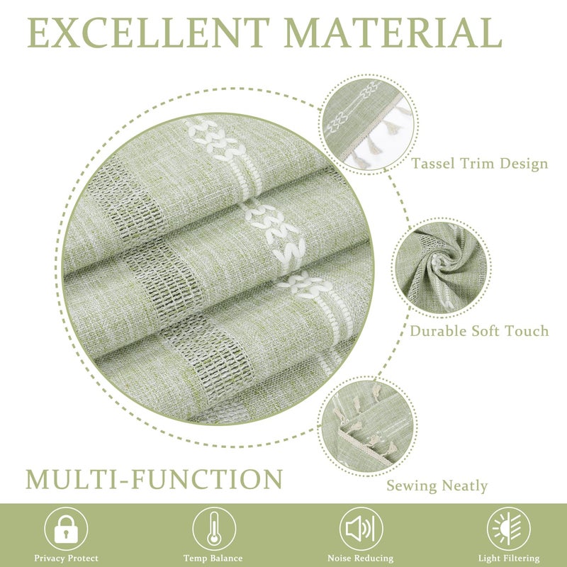 ColorBird Green Linen Curtains 63 inch Length  2 Panels Boho Linen Living Room Curtain  Farmhouse Bedroom Curtains  Embroidered Rustic Window Curtain Panels for Dining Nursery Closet - Image 3