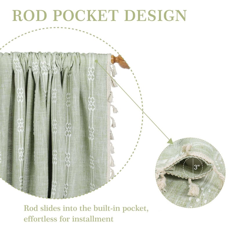 ColorBird Green Linen Curtains 63 inch Length  2 Panels Boho Linen Living Room Curtain  Farmhouse Bedroom Curtains  Embroidered Rustic Window Curtain Panels for Dining Nursery Closet - Image 4