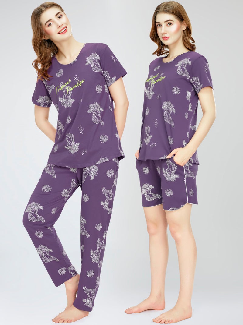 ZEYO Night Suit for Women's Violet Cheetah & Floral Printed Cotton Night Dress of Top,Pajama & Short's 3Pc'S Set 5733 - Image 5