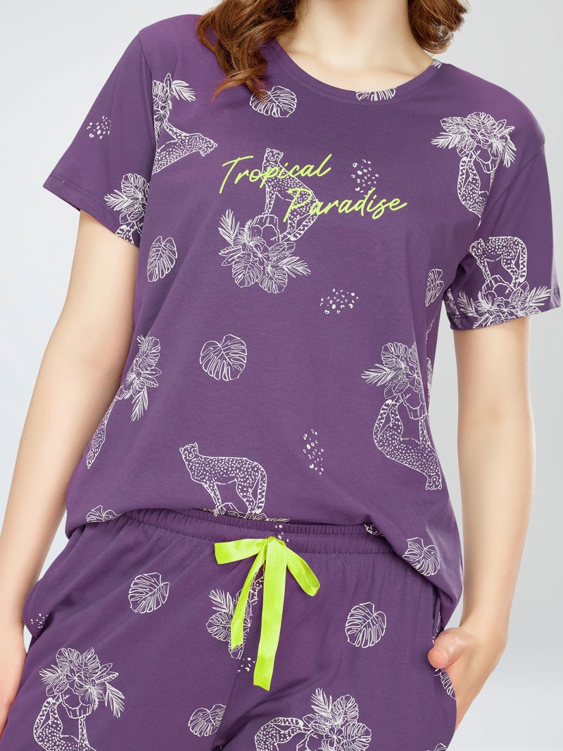 ZEYO Night Suit for Women's Violet Cheetah & Floral Printed Cotton Night Dress of Top,Pajama & Short's 3Pc'S Set 5733 - Image 2