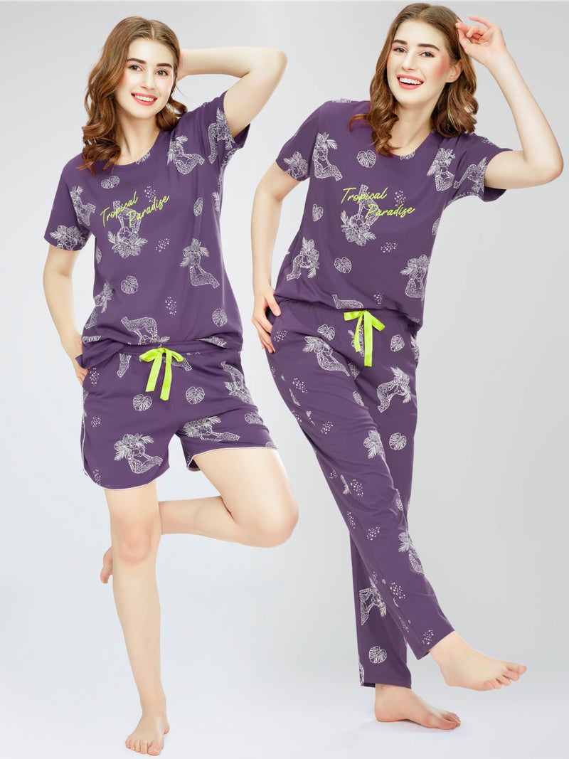 ZEYO Night Suit for Women's Violet Cheetah & Floral Printed Cotton Night Dress of Top,Pajama & Short's 3Pc'S Set 5733 - Image 3