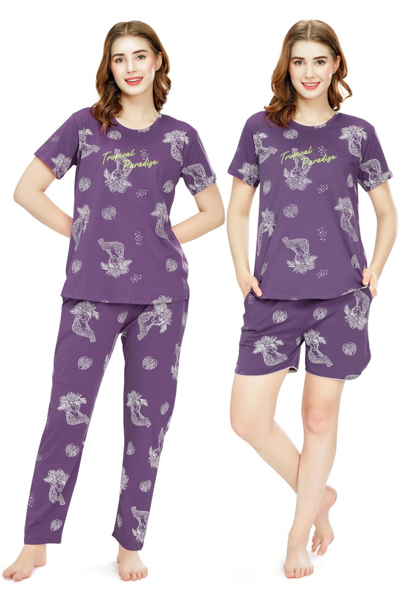 ZEYO Night Suit for Women's Violet Cheetah & Floral Printed Cotton Night Dress of Top,Pajama & Short's 3Pc'S Set 5733 - Image 1