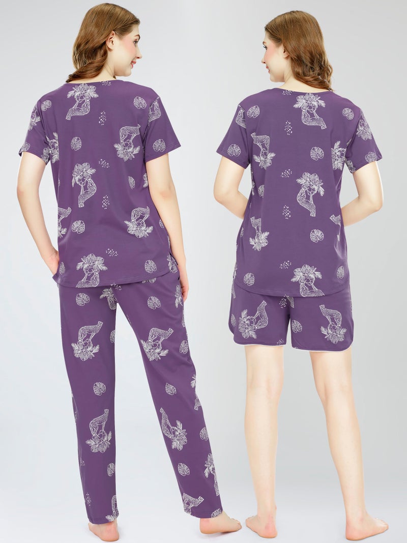 ZEYO Night Suit for Women's Violet Cheetah & Floral Printed Cotton Night Dress of Top,Pajama & Short's 3Pc'S Set 5733 - Image 4