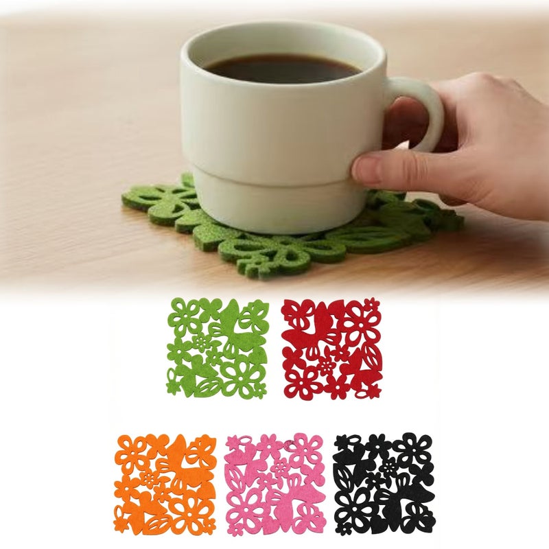 6pcs Red Floral and Butterfly Pattern Felt Coasters for Mugs Glasses and Coffee Cups Perfect for Daily Office Use Afternoon Tea and Party Occasions - Image 1