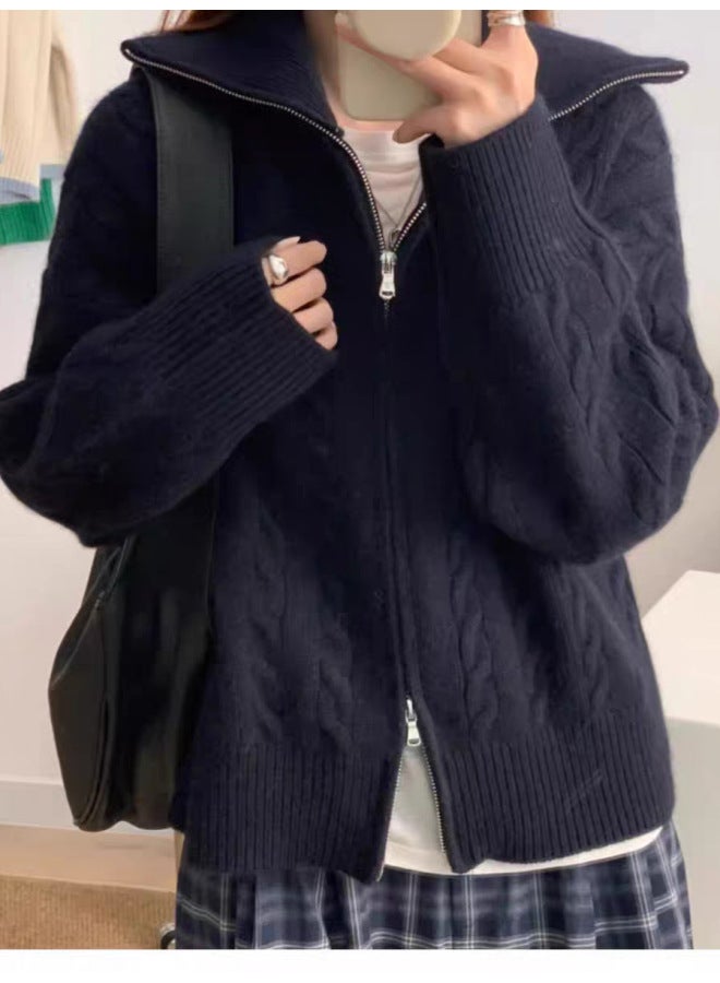 Leyuan Autumn Winter Cable Knit Long Sleeve Double Zipper High Neck Cardigan Top Outerwear Loose Lazy Fit Women's Sweater - Image 5