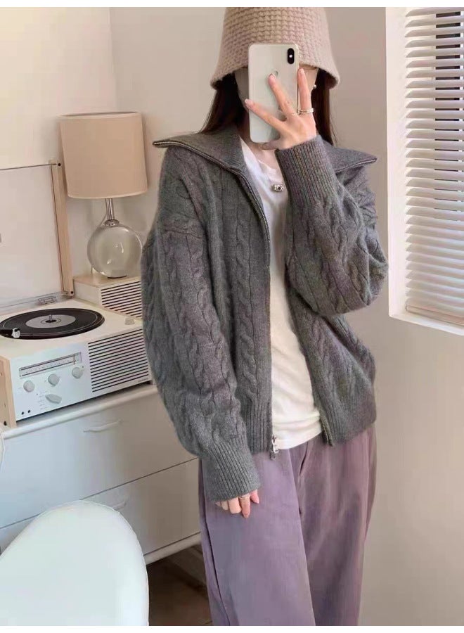 Leyuan Autumn Winter Cable Knit Long Sleeve Double Zipper High Neck Cardigan Top Outerwear Loose Lazy Fit Women's Sweater - Image 1