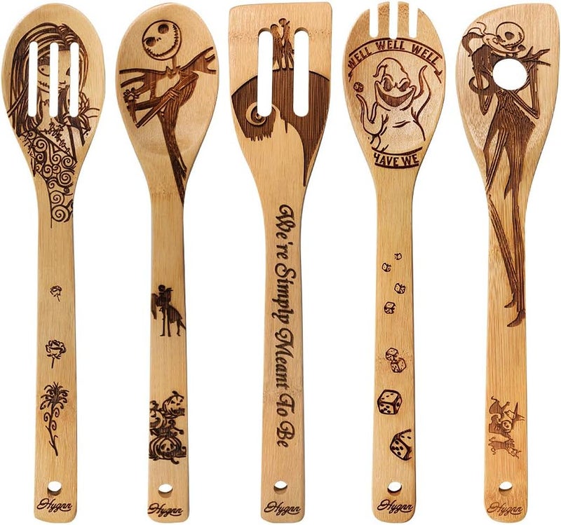 HYGNN Halloween Idea Utensil Burned Wooden Spoons Set House Warming Wedding Present Slotted Spoon 5 Piece SpoonSet - Image 1