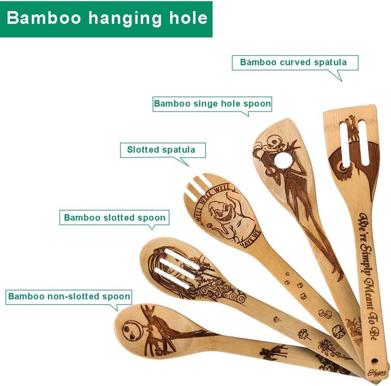HYGNN Halloween Idea Utensil Burned Wooden Spoons Set House Warming Wedding Present Slotted Spoon 5 Piece SpoonSet - Image 3